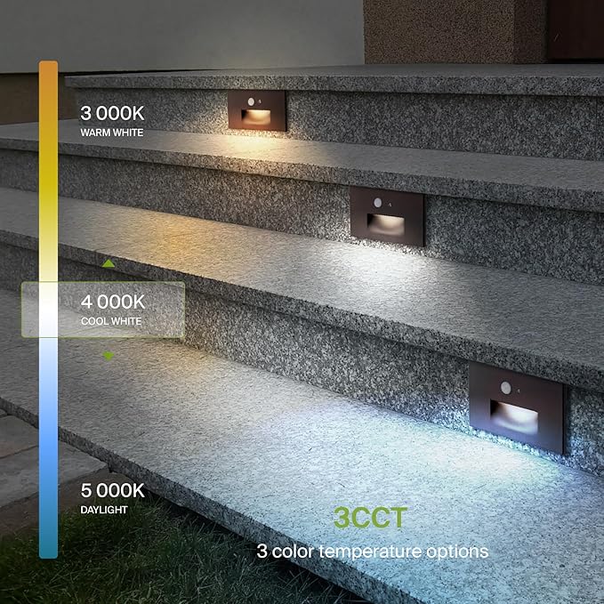 ASD LED Recessed Step Light Fixture, Dusk to Dawn Outdoor Tread Lighting | 3CCT, Motion Sensor, Photocell, Waterproof, ETL Listed | 3W 120LM 3000K-5000K 120V | Staircase Illumination | Dark Bronze