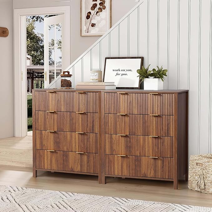 4 Drawer Dressers for Bedroom, Modern Closet Chest of Drawers with Waveform Fluted Panel, Large Wood Storage Dresser Organizer for Nursery Bedroom Living Room Hallway Closet, Walnut
