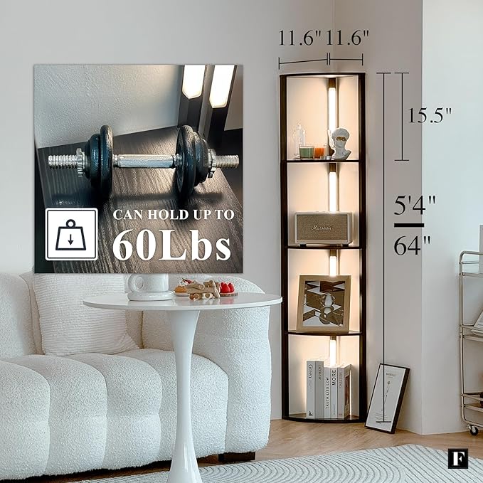 FENLO Dimmable LED Corner Floor Lamp with Shelves, Corner Shelf Floor Lamps for Living Room, LED Corner Display Shelf with Lights and Adjustable Color Temps, App/Remote Control - Fancy Edge Pro