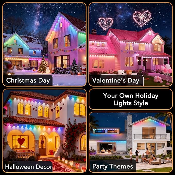 Permanent Outdoor Lights,50ft RGB + IC Smart LED Eaves Lights with App & Remote Control, IP67 Waterproof,for Christmas and All Holiday Decor,Daily and Accent Lighting,House Roof and Garden Lighting