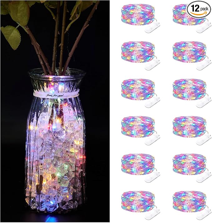 Bexdir 12 Pack Fairy Lights Battery Operated String Lights，7FT 20LED Waterproof Silver Wire Christmas Lights Outdoor,Firefly Mini Lights for Bedroom Party Birthday Wedding Home Decor