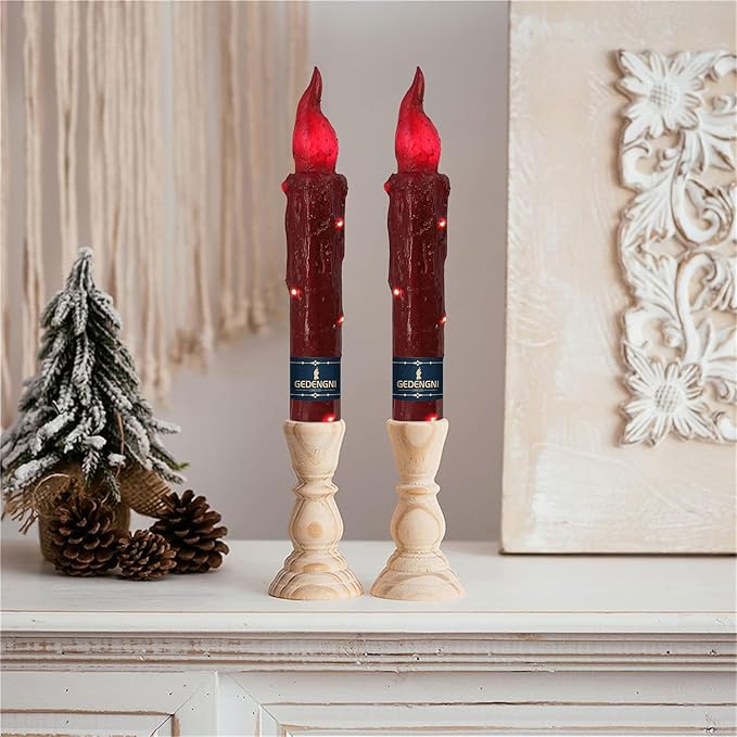 Magical Candlesticks Flameless Taper Candle, 2pcs Red LED Tapered Candles Remote Dipped Candle 6inch Battery Chandelier for Enchanting Weddings and Harry Potter Inspired Vigils(LW4P-RE)