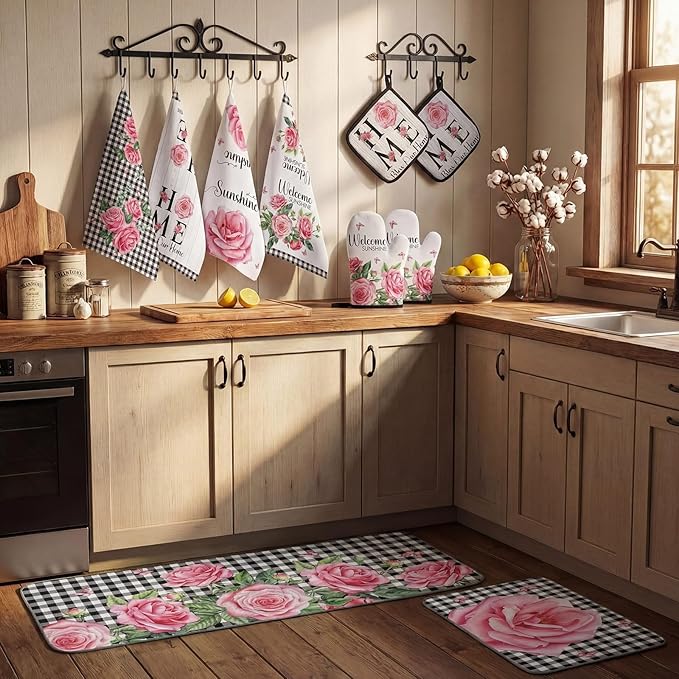 Fourluoo 10 Pcs Kitchen Set Kitchen Towels and Rugs Oven Mitts and Pot Holders Farmhouse Decor for Women Mom Gift Cooking Baking Grilling