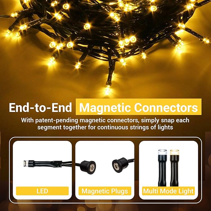 Magnetic String Lights - 60ft LED Fairy Lights with Quick Connect - Indoor Plug in - Warm & Bright White - Dorm Room Decorations