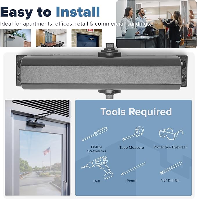 Commercial Door Closer Heavy Duty (Black) - Automatic Door Closer for Commercial Use - Grade 1 Auto Hydraulic Spring Hinge - FS-6300 UL & ADA ANSI A156.4 Grade 1 Door Closers Closure Soft Closing Arm