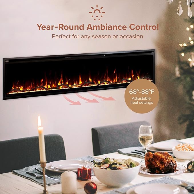 Modern Ember Aerus Slim 72 Inch Smart Linear Electric Fireplace | Recessed in-Wall or Wall-Mount | LED Multiple Flame Colors | Alexa/WiFi Enabled | 4.25” Profile | Remote Included