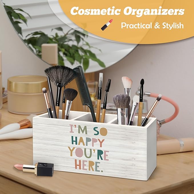 Boho Classroom Pen Holder Organizer for Desk Accessories, I'm So Happy You're Here Wooden Box Desk Decorations for Kids Room Bedroom School Decor, Boho Classroom Decor