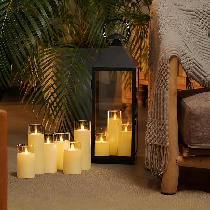Homemory Ivory Flickering Flameless Candles, Battery Operated Acrylic LED Pillar Candles with Remote Control and Timer, Set of 9