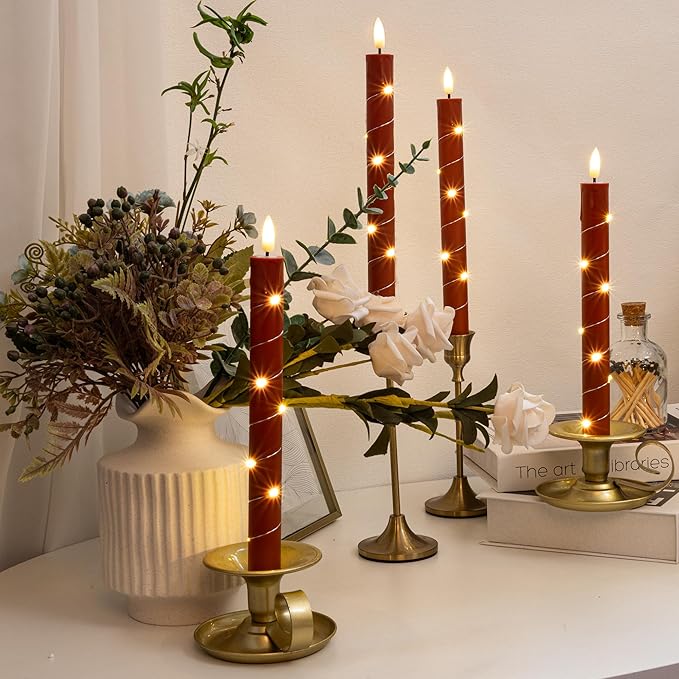Flameless Taper Candles with Remote for Romantic Decorations，3D Flickering Flame Battery Operated LED Candles Arounded with Starlight String for Home Decoration, Pack of 6, Reddish Brown