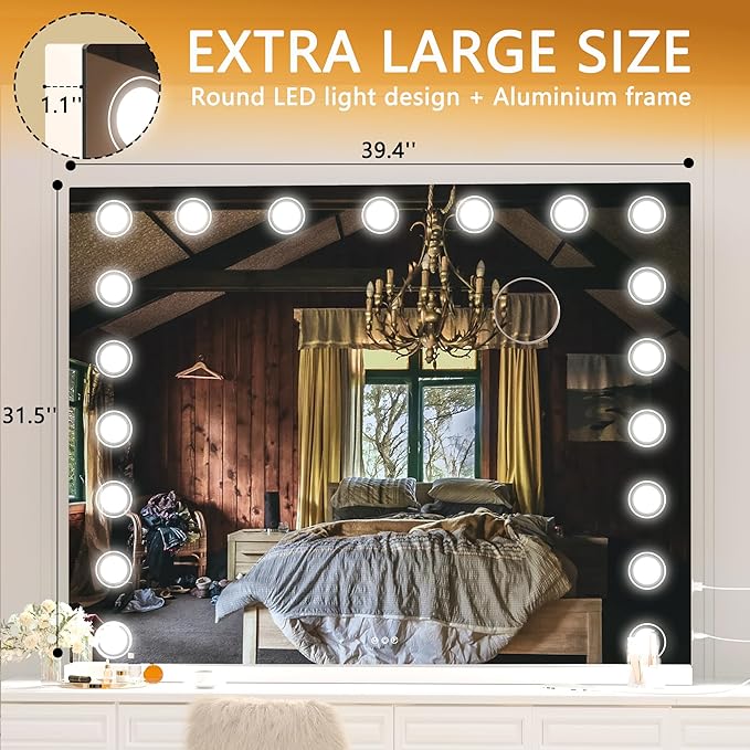 Hasipu Vanity Mirror with Lights, 40" x 32" Makeup Mirror, Light up Mirror with 19 Dimmable LED Lights and 10X Magnification, 3 Colors Modes, Touch Control, USB Charging Port, White