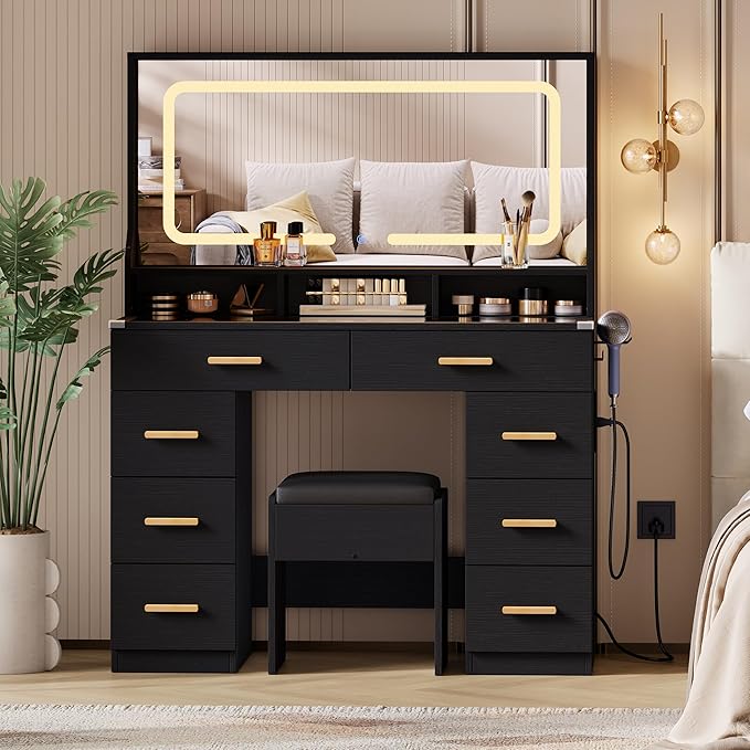 IDEALHOUSE Vanity Desk with Mirror and Lights, Makeup Table with Glass Top & 8 Drawers, 3-Color LED Mirror, Power Outlets & USB, Hair Dryer Holder, Stool Included, Dressing Table Set for Bedroom
