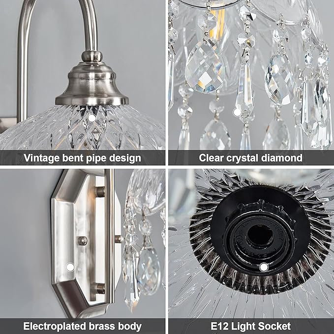 2-Pack Vintage Wall Sconce, Glass Crystal, Matte Brushed Antique Black Finish, for Bedroom Bathroom Hallway Living Room