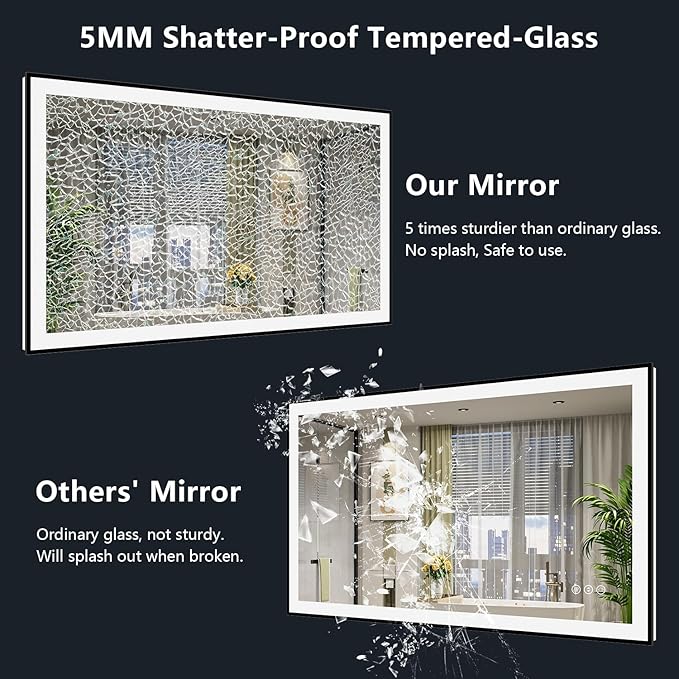 48x32 Inch LED Bathroom Mirror with Lights (Front Lit and Backlit) Black Framed Lighted Vanity Mirror for Bathroom Wall Dimmable Anti-Fog Memory Tempered Glass Horizontal/Vertical