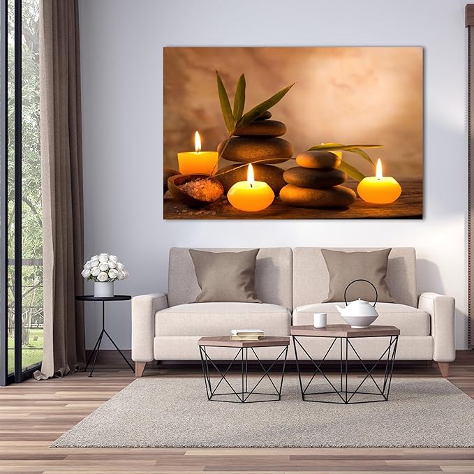 Zen Wall Art Decor, Modern Bathroom Zen Decor Wall Art, Large Zen Relaxing Canvas Wall Art for Spa Room Decor, Black Pebble and Lighted Candles Zen Art Prints for Office & Spa Wall Decor 32x48 Inches