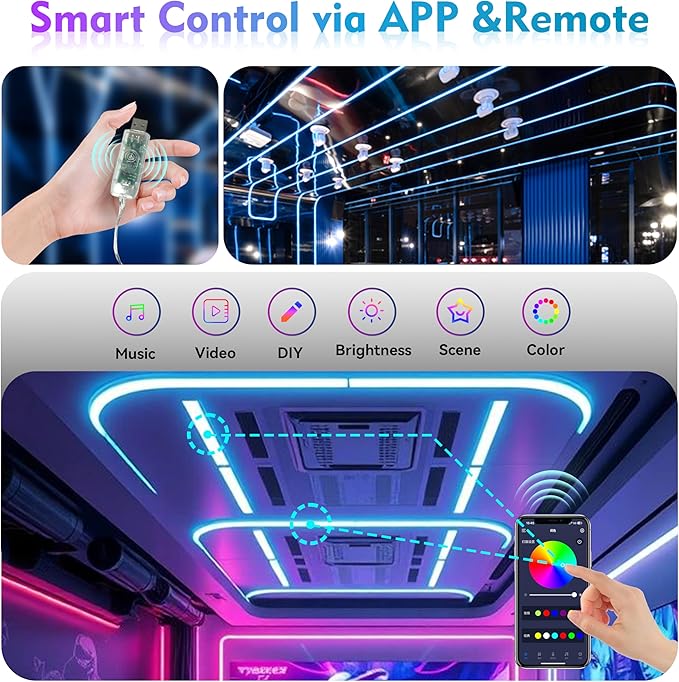 16.4ft LED Neon Rope Lights, Waterproof Music Sync Strip Lights with Remote & APP Control, USB-Powered Flexible Lighting for Christmas Halloween Decor, Gaming Room Bedroom Indoor Outdoor Decoration