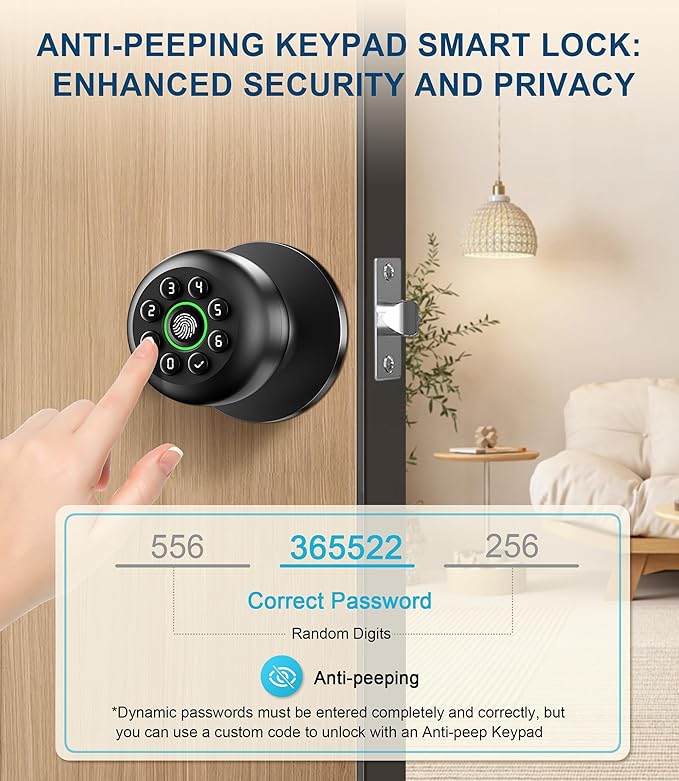 Fingerprint Door Lock, Smart Fingerprint Door Knob with Keypad, Biometric Door Lock with App Control, Auto Lock Door Lock with Code, Keyless Door Knob with Lock for Bedroom, Home,Office-Matte Black