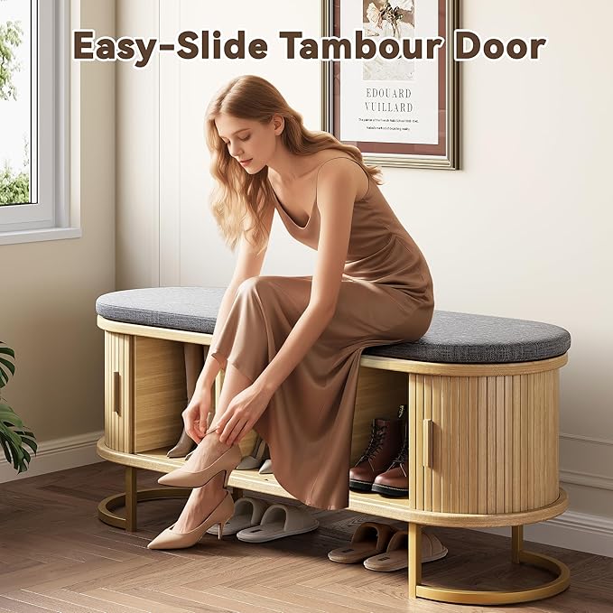 47.2'' Entryway Storage Bench Seat with Sliding Door, Large Shoe Bench with Sturdy Metal Feet & Soft Cushion, Multi-Scene Use for Entrance, Bedroom & Living Room（Oak）