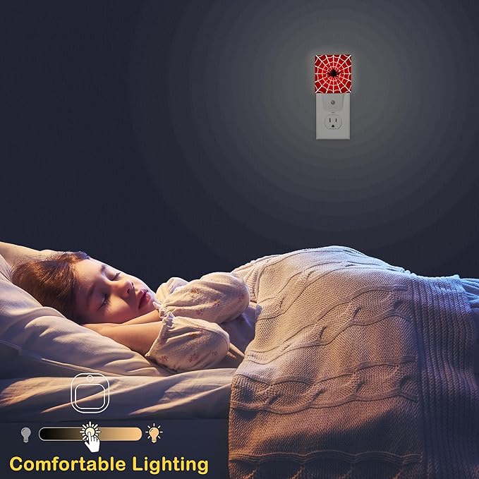 Red Spider Web Night Light with Dusk to Dawn Light Sensors, Plug-in Wall Led Night Lights, Energy Efficient Lamp for Bedroom/Bathroom/Kitchen/Hallway/Stairs