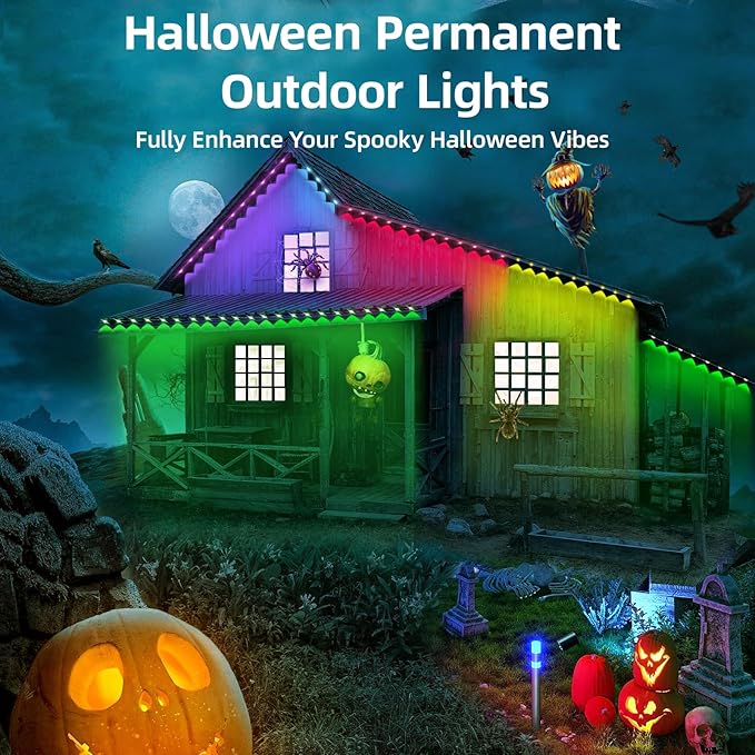 Permanent Outdoor Lights Pro, 150ft with 108 RGB LED Lights for Daily and Accent Lighting,IP65 Waterproof Smart Eaves String Lights with App & Remote,Rainbow Light for Halloween,Christmas-150FT