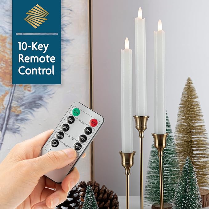 Flameless Taper Candles with Remote, Real Wax Battery Operated LED Candles Set with 3D Flickering Flame, 9.6" Realistic Dripless Candlesticks for Wedding Home Decor, 3 Pack White