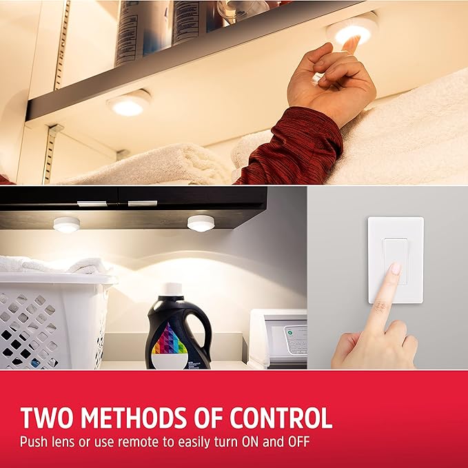 Energizer LED Puck Lights, Wall Switch Remote, 2 Pack, Battery Operated, Under Cabinet Lighting, Wireless Lights, 50 ft Range, Perfect for Kitchen Under Cabinet, Laundry Room, and More, 58822-T1