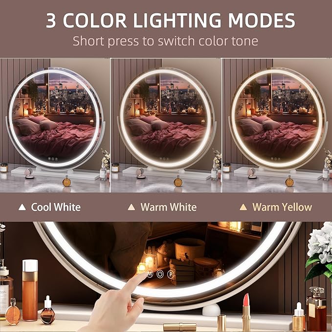 Hasipu Vanity Mirror with Lights, 23.6" LED Large Makeup Mirror, Lighted Makeup Mirror with Lights, Smart Touch Control 3 Colors Dimmable Round Mirror 360°Rotation White