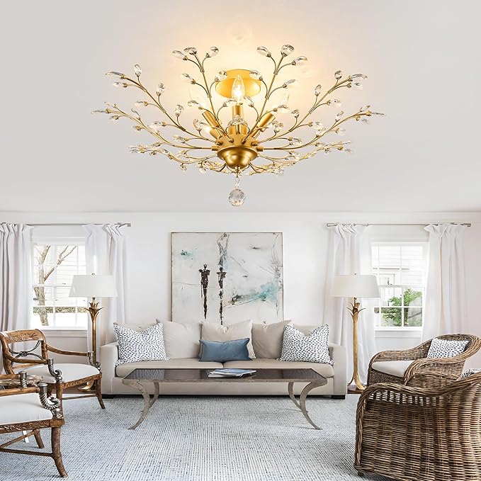 CVKASH 5-Light Vintage Small Crystal Chandelier Modern Brushed Gold Branche Ceiling Light Fixture Farmhouse for Kitchen Dining Room Living Room Bedroom Hallway Foyer