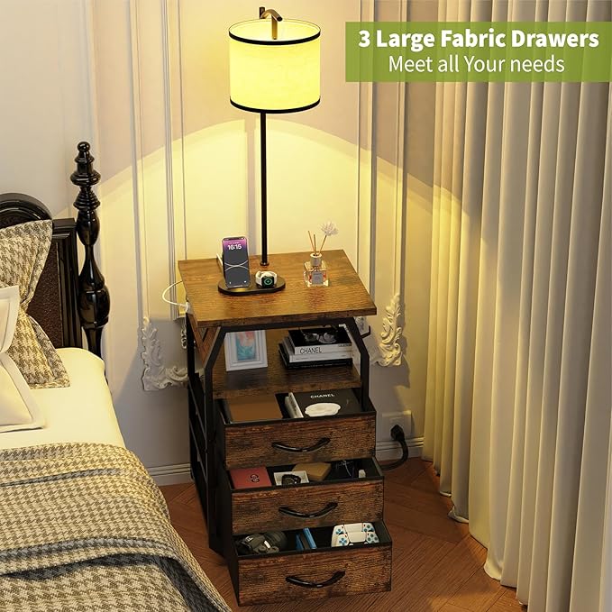 Floor Lamp with Table Set of 2, End Tables with Lamps Attached 3-Color Temperature Bulb, Side Table with Lamp with 3 Drawers & Charging, Lamps Tables Combo for Bedroom, Dorm - Rustic Brown