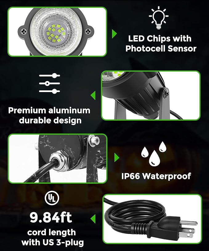L LOHAS LED Green Christmas Spot Lights Outdoor, 10W Dusk to Dawn Sensor Landscape Spotlights for Yard, IP66 Waterproof Pathway Garden Outside Lights, 9.84ft Cord, Green Lawn Decor Lamp, UL Listed