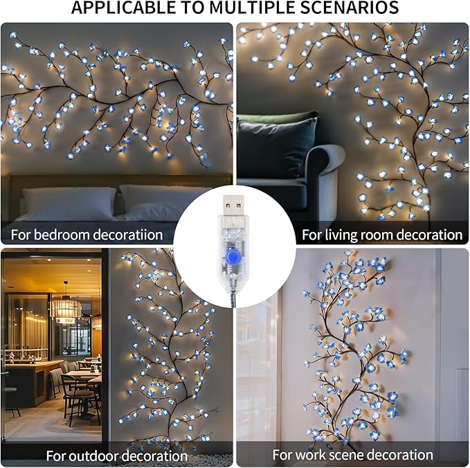 Cherry Enchanted Willow Vine Lights, 7.55FT 144LED Blue Cherry Blossom Tree Branch Lights for Wall, Remote Timer,8 Light Model,Bedroom Wall Doors Wedding, Christmas, USB Battery Box