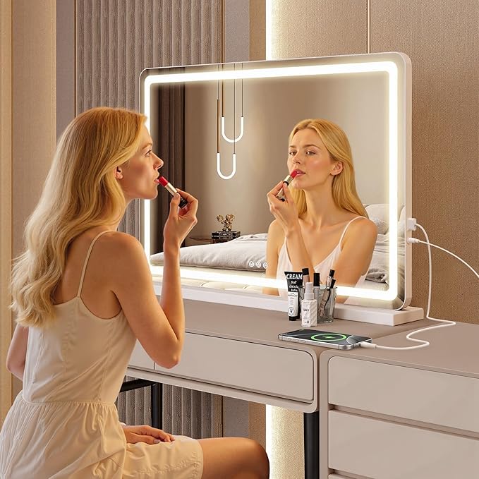 NEWBULIG 23"x32" LED Vanity Mirror with Lights, Lighted Tabletop Makeup Mirror, Touch Control Dimmable Brightness, 3 Color Lighting Modes