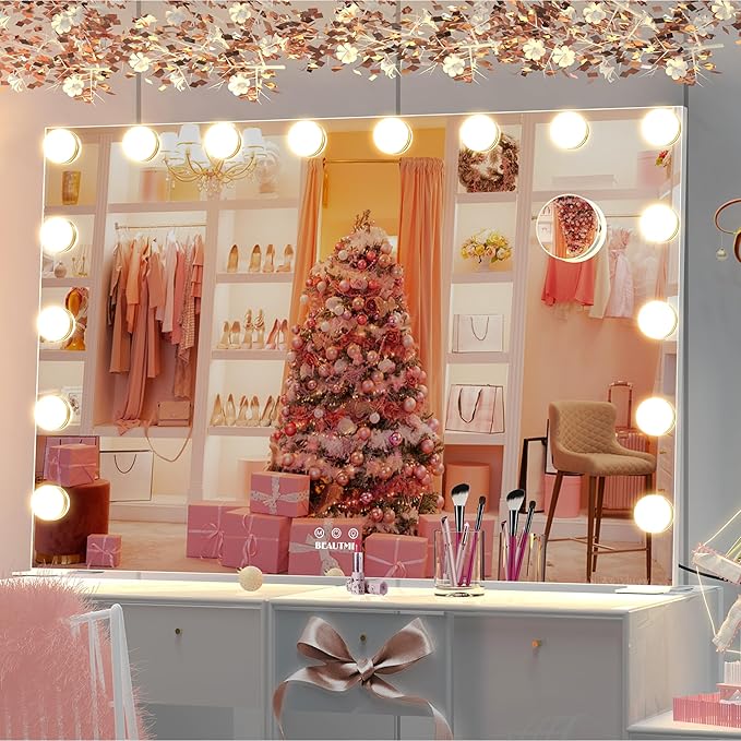 BEAUTME Large Vanity Mirror with Lights, 35.9''×24.3'' Makeup Mirror, Light up Mirror with 16 Dimmable LED Lights and 10X Magnification, 3 Colors Lights Modes, Touch Control, White