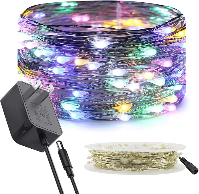 RUICHEN Silver Wire Fairy Lights Plug in 33 Ft 100 LED String with Spool, Multicolor