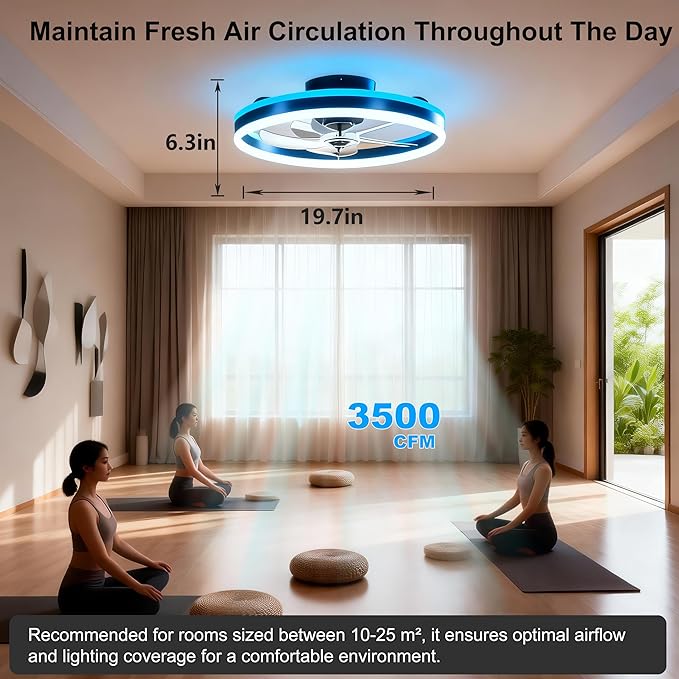 RGBW Ceiling Fan with Light, 20" Flush Mount Low Profile Smart Fan Light with App & Remote Control, 6 Speeds Reversible, 3CCT Dimmable LED Bladeless Fandelier Quiet DC Motor for Bedroom Living Room