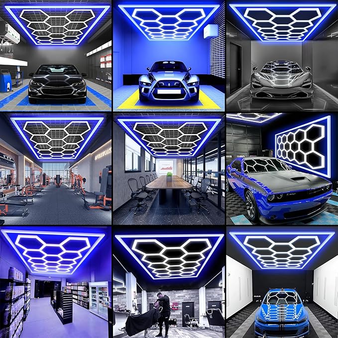 Large Hexagon Garage Lights 14 Hex LED Higher Brightness Lights with Blue Light Rectangle Frame Octagon Honeycomb Lighting for Garage Car Detailing Barber Shop Gym Warehouses.