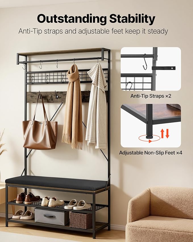 VEVOR Hall Tree with Bench and Shoe Storage, 2 Tier Entryway Bench with Coat Rack, Shoe Rack Storage Organizer with Soft Cushion, Hooks and Hanging Rod for Entryway, Hallway