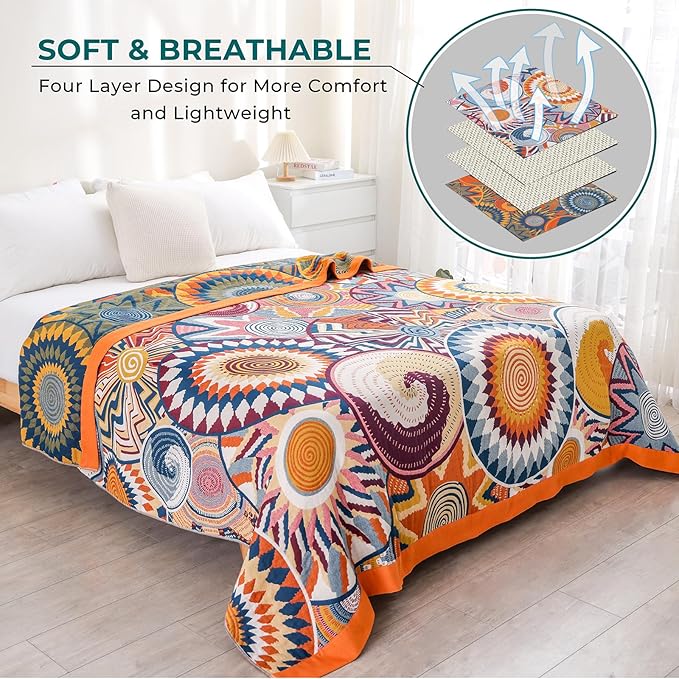 Boho Cotton Muslin Twin Size Bed Throws,100% Cotton Rustic 4 Layer Reversible Colorful Woven Blankets, Washable Breathable Mexican Decor Bed Blankets 60"×80" for Couch Sofa All Seasons