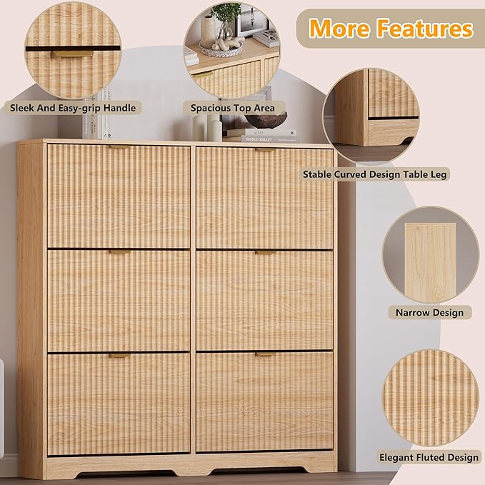 Large Shoe Cabinet for Entryway, Tall Narrow Shoe Storage Cabinet with 6 Flip Drawers and Adjustable Shelves, Shoe Rack Cabinet Organizer for Hallway, Foyer, Small Apartment