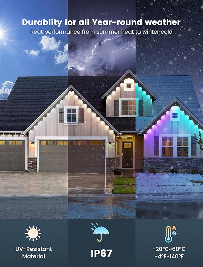 Permanent Lights Outdoor,Smart RGB LED Lights with 66 Scene Modes,50FT LED Eaves Lights IP67 Waterproof,Color Changing String LED Lights for House,Party,Holiday,Christmas,All year-round Decor