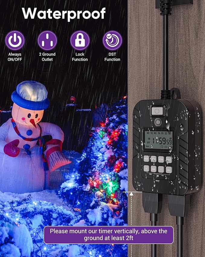 NEARPOW Outdoor Light Timer, Waterproof Digital Timer Outlet, Dusk to Dawn Countdown Timer Plug, 7 Day Programmable 24 Hours Electrical Timer, 2 Grounded Outside Timers for Christmas Lights, 15A 1/2HP