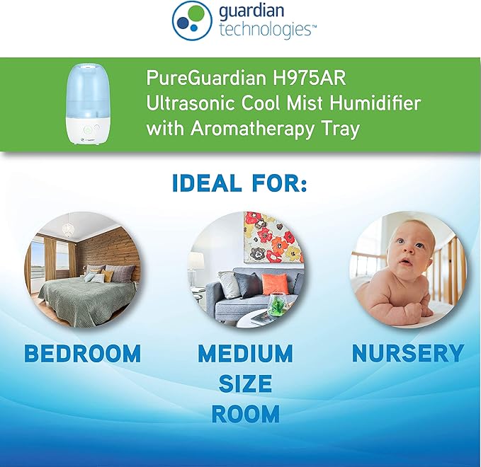 PureGuardian Ultrasonic Cool Mist Humidifier with Aromatherapy Tray, 70-Hour Run Time, 1-Gallon Tank Capacity, 320 Sq. Ft. Coverage for Small Rooms, Quiet Operation, H975AR