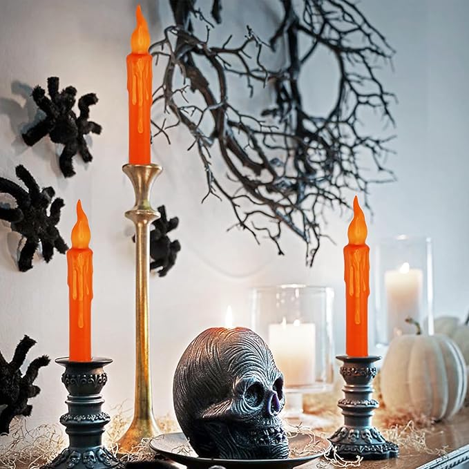 Orange Flameless Short Taper Candles, Real Wax Hand Dipped LED Battery Operated with Remote, Flickering Flame Lights for Festival Party Home Décor, 6.7 Inch Primitive Flameless Candles, 4PCS