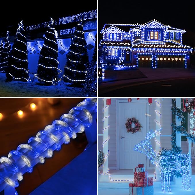 200ft LED Rope Lights Outdoor, 1440 LED Flexible Tube Lights with 8 Modes, Waterproof LED Rope Lighting for Outside Garden Patio Bedroom Party Pool Fences Indoor Outdoor Christmas Decor (White & Blue)