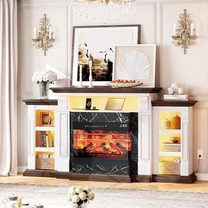 LGHM LED Electric Fireplace TV Stand with Outlet, 72'' Fireplace Mantel for TVs up to 80'', Modern Entertainment Center with 3-Sided Glass Fireplace Heater Insert for Living Room