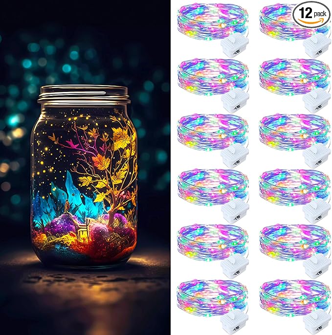 ZGWJ Fairy Lights Battery Operated, 12 Pack Colorful Mini String Lights 20 LED 7ft Waterproof 3 Lighting Modes for Bedroom, Halloween, Christmas, Party Indoor and Outdoor Decoration