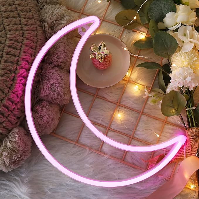 YAOZHOU LED Pink Moon Neon Light, Cute Neon Moon Sign,Christmas Room Decor Battery or USB Powered 5V Art LED Decorative Lights Night Lights Indoor for Home, Bedroom, Office,Dorm,Party (Pink Moon)