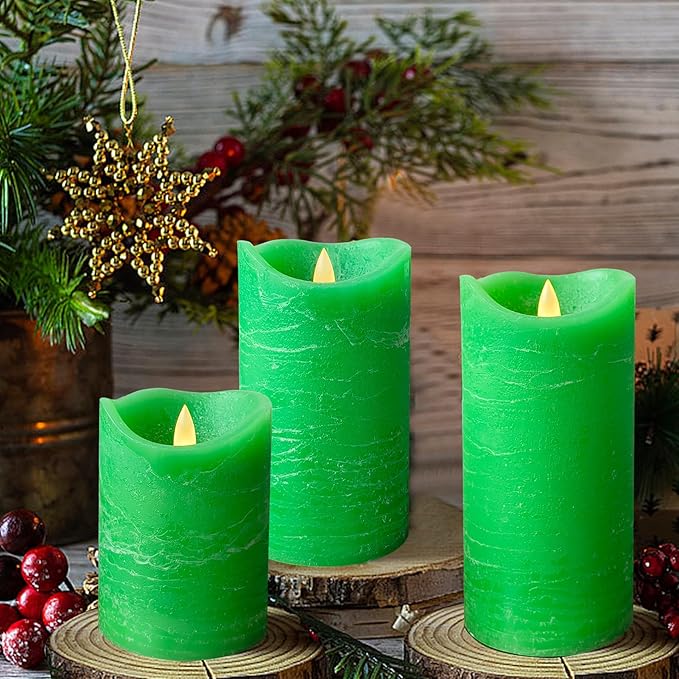 Real Wax Flameless Candles Set of 3 (D 3" x H 4" 5" 6") Battery Operated LED Candle with Timer Home Decorative Pillar Flickering Lights,Wedding Party Events Decor,Green