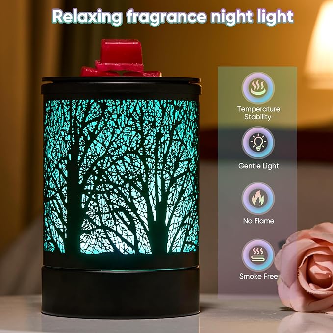 Fragrance Wax Melts Warmer with 7 Colors LED Changing Light Classic Black Forest Design Scent Oil Candle Warmer for Home Black Tree Timer