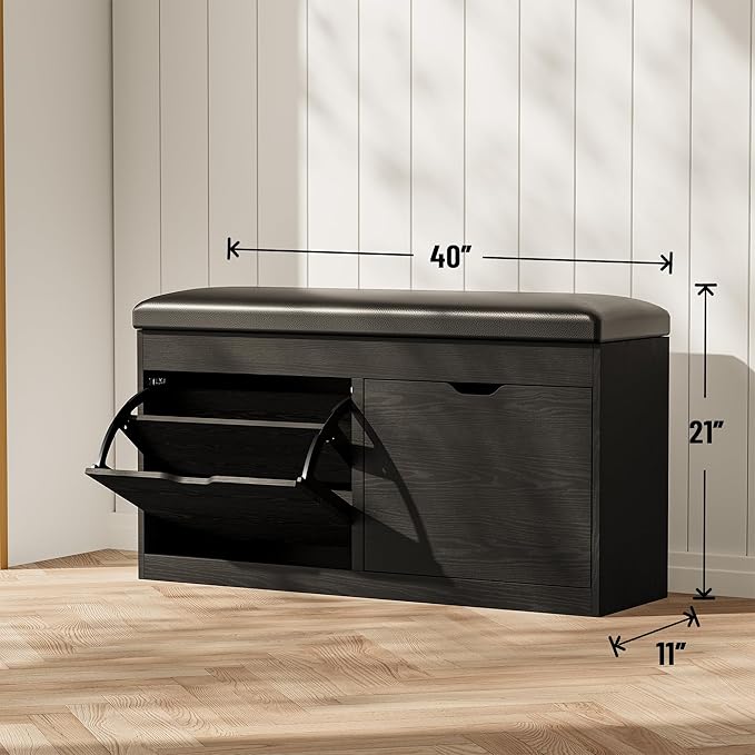40" Shoe Storage Bench with 2 Flip Drawers & Padded Seat Cushion, Shoe Cabinet with Lift Top Storage Box, Shoe Bench Shoe Organizer for Entryway, Hallway, Living Room, Black