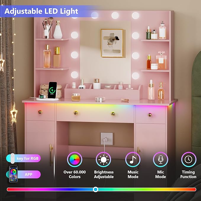 Vanity Desk with Mirror and Lights, Makeup Vanity with Mirror and LED Lights & Power Outlet, 3 Drawers and Cabinets, 3 Lighting Modes Dressing Table Set for Girls Women Bedroom,Pink
